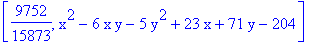 [9752/15873, x^2-6*x*y-5*y^2+23*x+71*y-204]